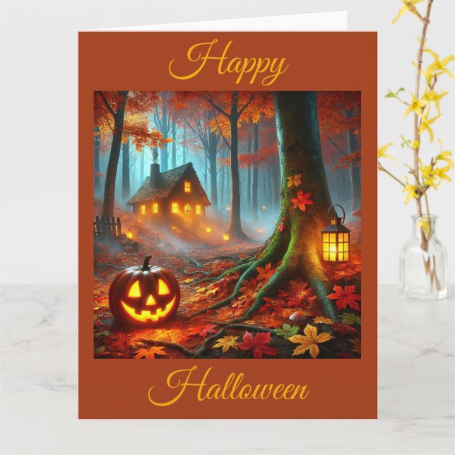 Jack O'Lantern i Spooky Forest på Halloween Kort (Gul blomma)