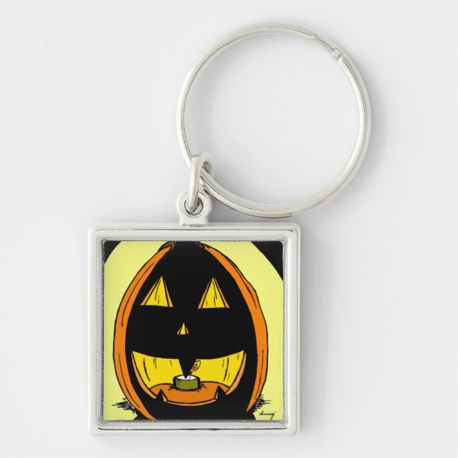 Jack o'Lantern Keychain Fyrkantig Silverfärgad Nyckelring (Framsidan)
