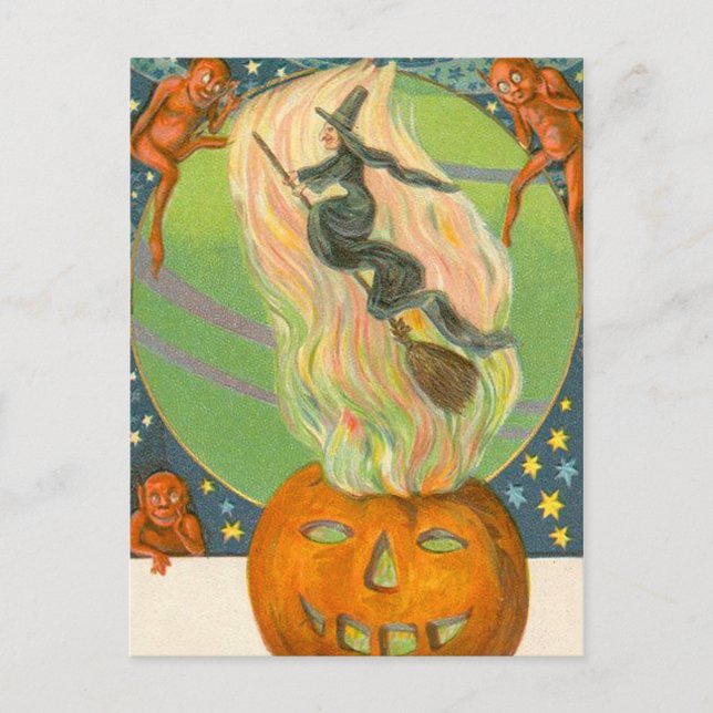 Jack O'Lantern Pumpa Häxa Eld Djävul Vykort (Framsida)