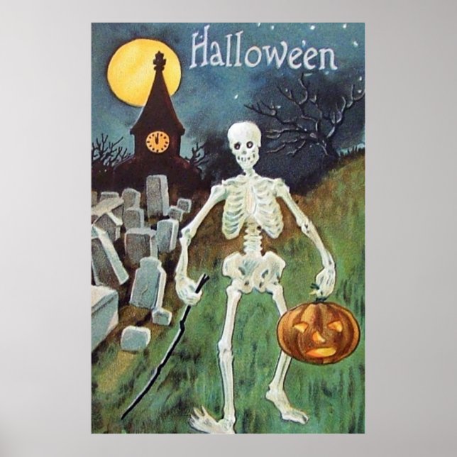 Jack O'Lantern Pumpkin Skeleton Cemetery Poster (Framsidan)