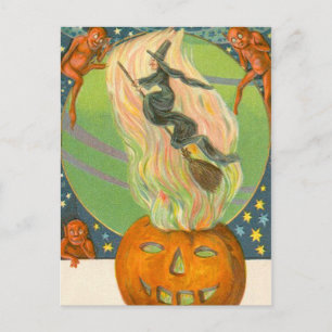 Jack O'Lantern Pumpkin Witch Fire Demon Vykort