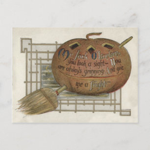 Jack O'Lantern Pumpkin Witch's Broom Vykort