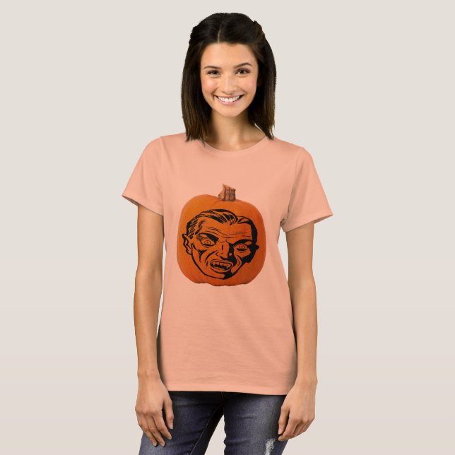 Jack o'Lantern Vampire Ansikte, Halloween Pumpkin Tee (Hel framsida)