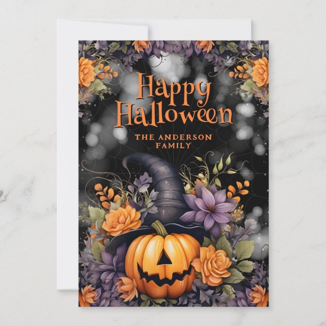 Jack O'Lantern Witch Hat Blommigt Halloween Card Julkort (Framsida)