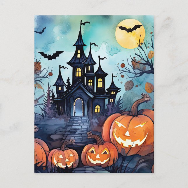Jack O'Lanternes Fladdermus Haunted Mansion Hallow Helg Vykort (Framsida)
