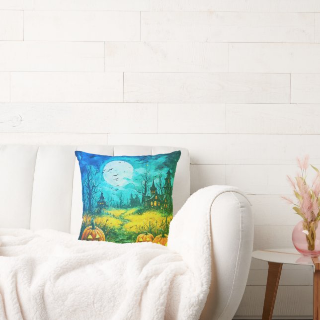 Jack-O'Lanternor and Creepy Houses Måne Halloween Kudde (Soffa)