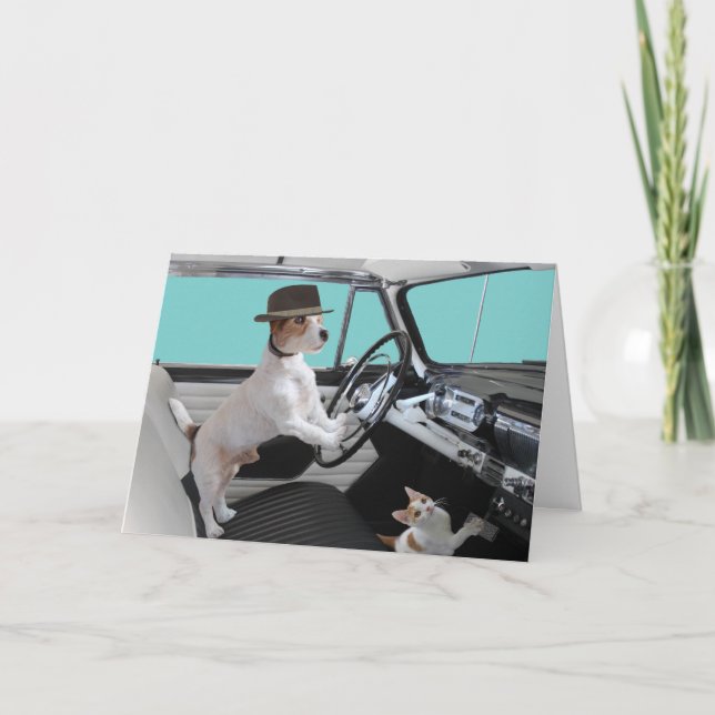 Jack Russell and Cat Driving Classic Car Kort (Framsida)