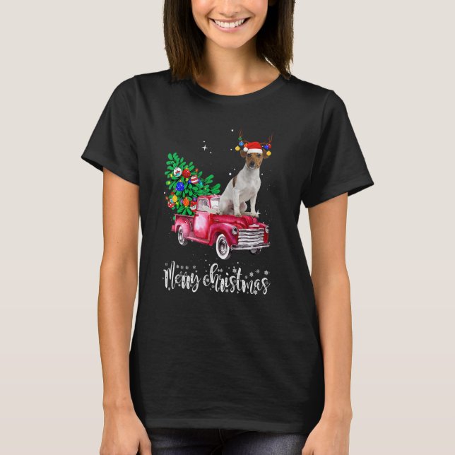 Jack Russell Christmas Ride Red Truck T Shirt (Framsida)