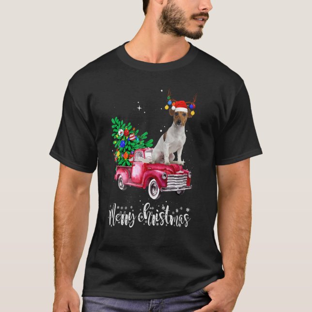 Jack Russell Christmas Ride Red Truck T Shirt (Framsida)