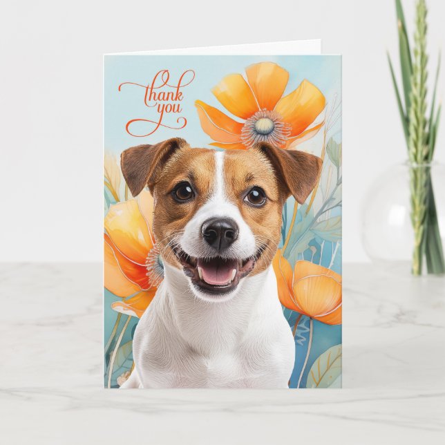 Jack Russell Dog with Orange Poppies Tack Kort (Framsida)