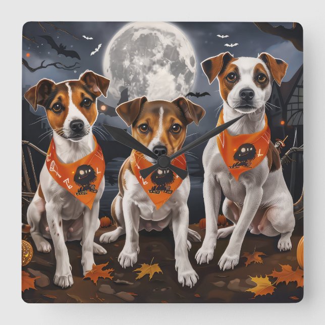 Jack Russell Halloween Kuslig Fyrkantig Klocka (Framsida)