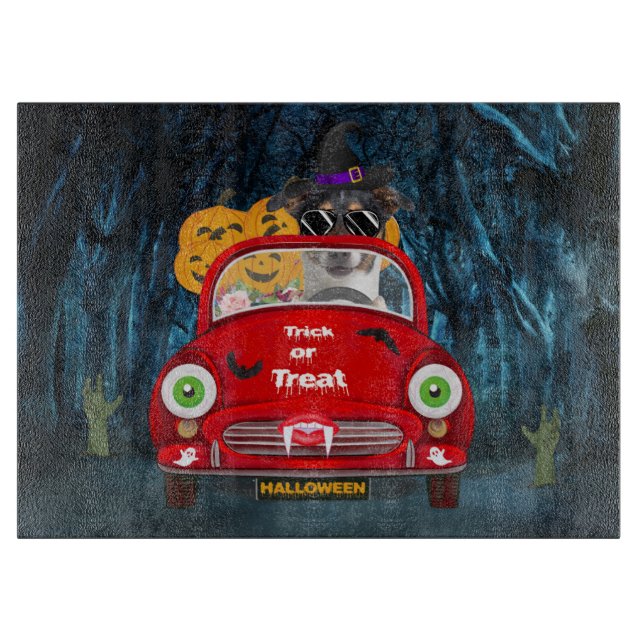 Jack Russell Hund Driving Car Scary Halloween (Framsidan)