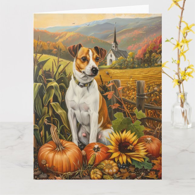 Jack Russell Hund Höstskörd Tacksägelse  Kort (Gul blomma)