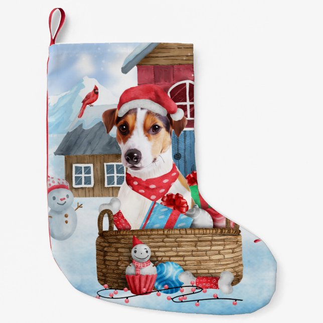 Jack Russell Hund I Hund i snö Liten Julstrumpa (Framsidan)