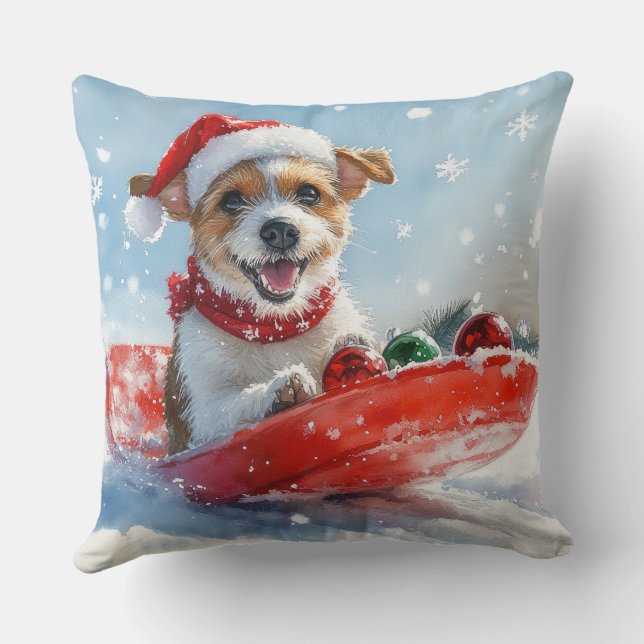 Jack Russell Hund i Släde Låt det Snöa Jul Kudde (Baksida)
