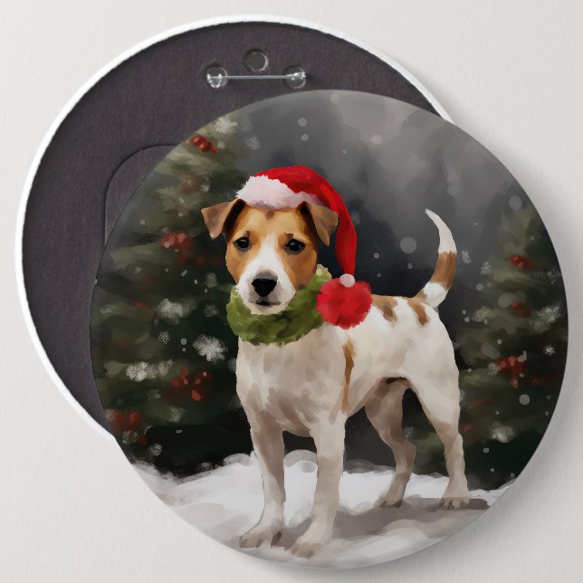 Jack Russell Hund i Snö Jul Knapp (Framsida & baksida)