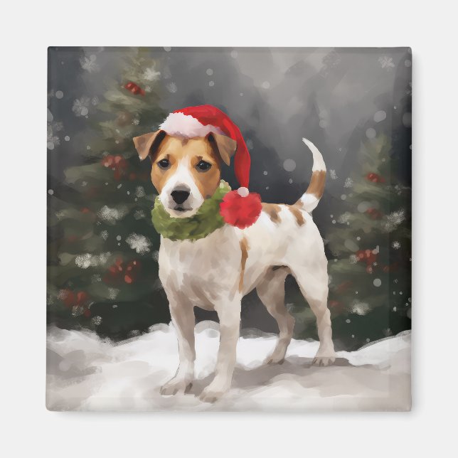 Jack Russell Hund i Snö Jul Magnet (Framsidan)