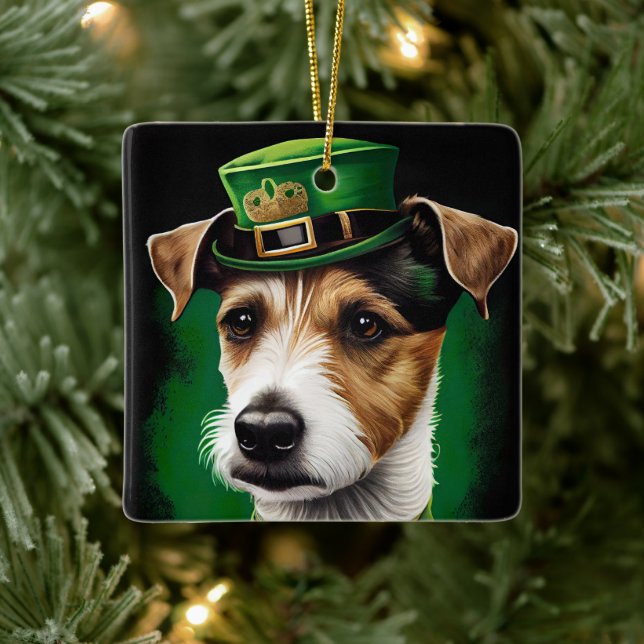 Jack Russell Hund i St. Patrick Dress Julgransprydnad Keramik (Träd)