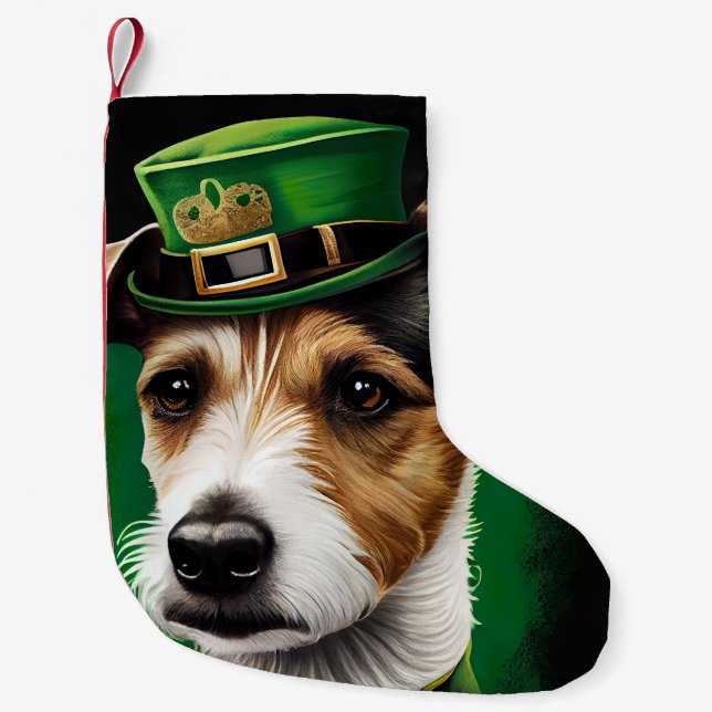 Jack Russell Hund i St. Patrick Dress Liten Julstrumpa (Framsidan)