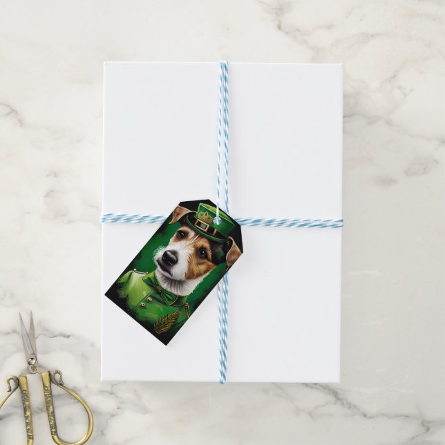 Jack Russell Hund i St. Patrick Dress Presentetikett (Med Snöre)