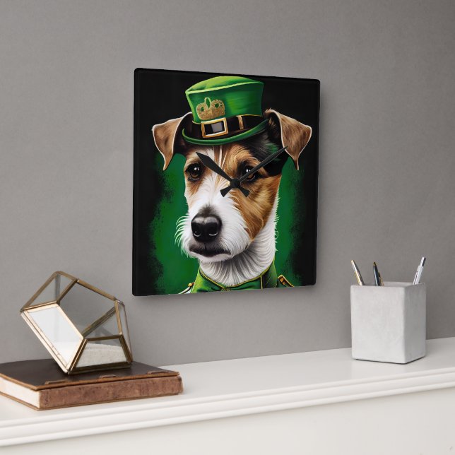 Jack Russell Hund i St. Patrick's Day Klänning Fyrkantig Klocka (Kontor)