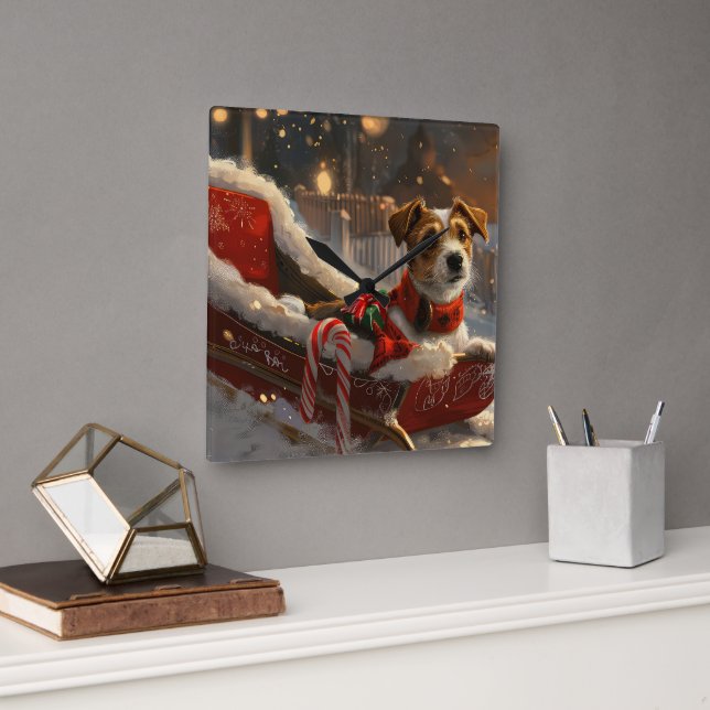 Jack Russell Hund Jul Festiv Fyrkantig Klocka (Kontor)