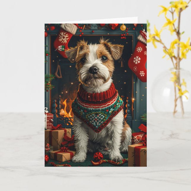 Jack Russell Hund Med Julpresenter Öppen Spis Kort (Gul blomma)