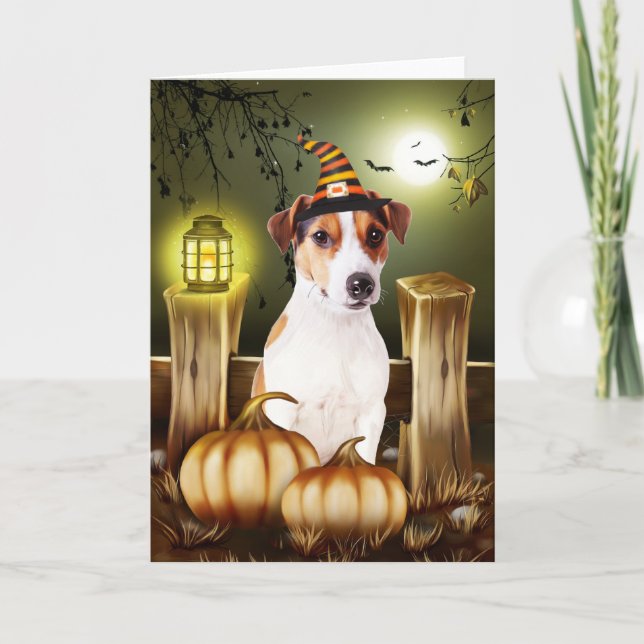 Jack Russell Hund med Witch Hat Halloween Gift Ide Kort (Framsida)