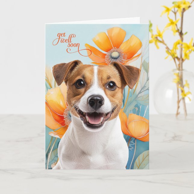 Jack Russell Hund Orange Papaver Blommor Snart Bät Kort (Gul blomma)