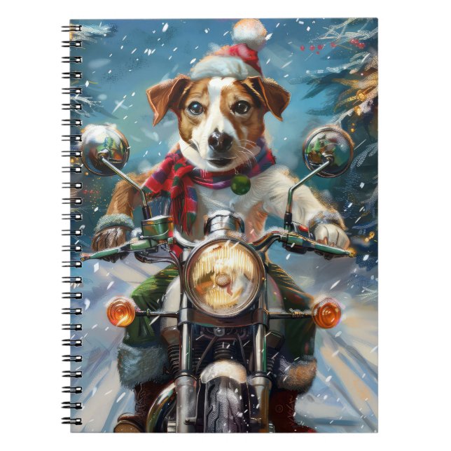 Jack Russell Hund Riding Motorcle God jul Anteckningsbok (Framsidan)