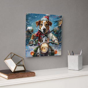 Jack Russell Hund Riding Motorcle God jul Fyrkantig Klocka