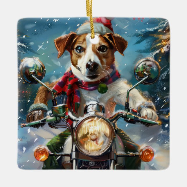 Jack Russell Hund Riding Motorcle God jul Julgransprydnad Keramik (Framsida)