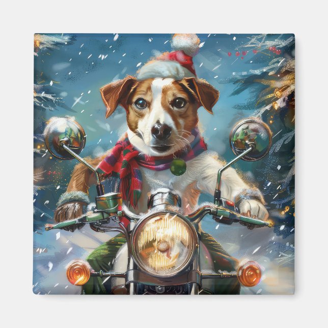 Jack Russell Hund Riding Motorcle God jul Magnet (Framsidan)