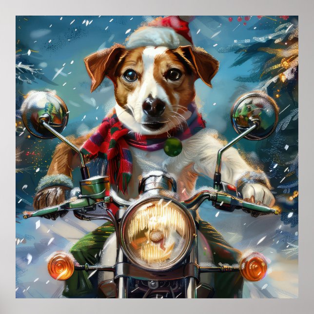Jack Russell Hund Riding Motorcle God jul Poster (Framsidan)