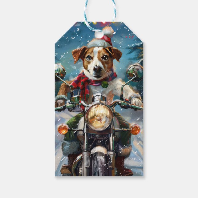 Jack Russell Hund Riding Motorcle God jul Presentetikett (Framsidan)