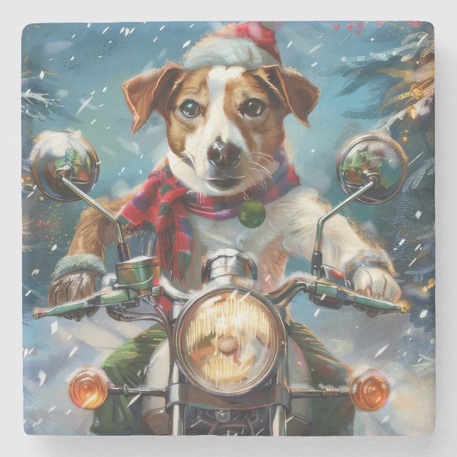 Jack Russell Hund Riding Motorcle God jul Stenunderlägg (Framsidan)