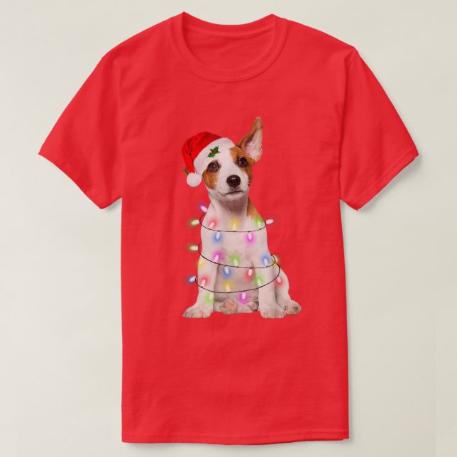 Jack Russell hund Santa Julgran Ljus Julafton T Shirt (Design framsida)