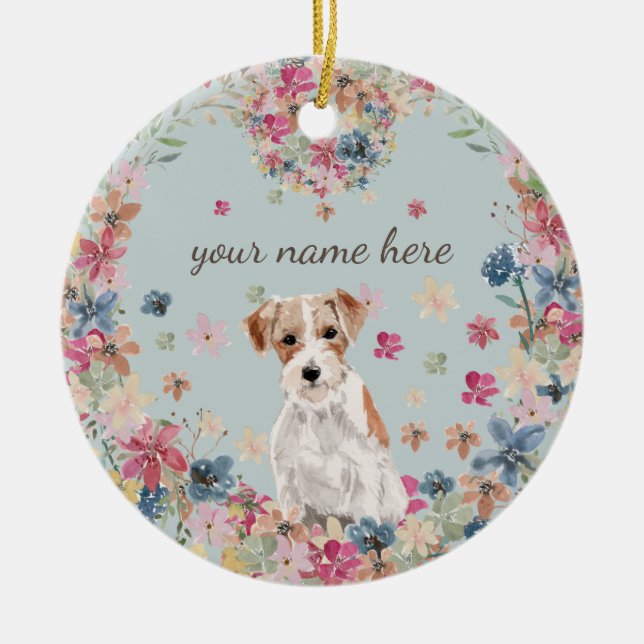 Jack Russell Hund Valp Blomma cirkel ram Julgransprydnad Keramik (Framsidan)