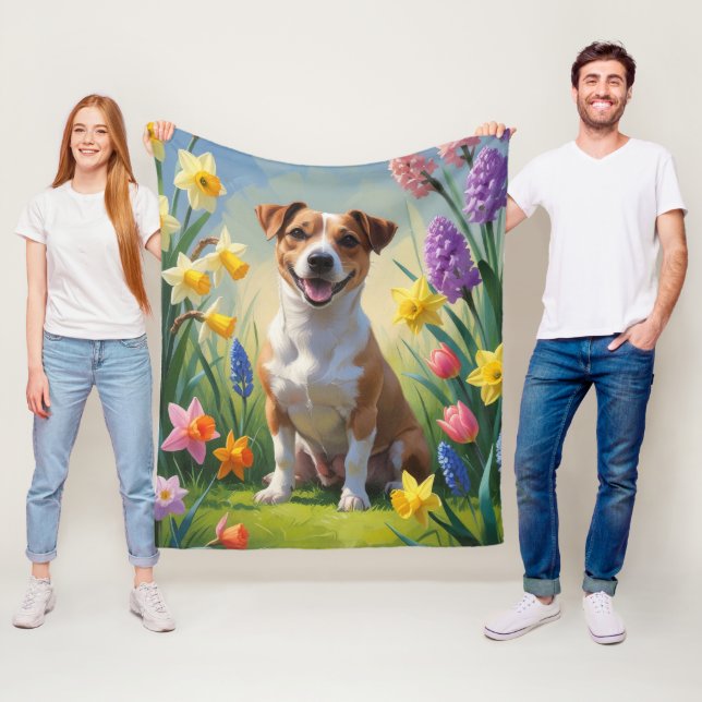 Jack Russell Hund Vårblommor Målning Fleecefilt (På plats)