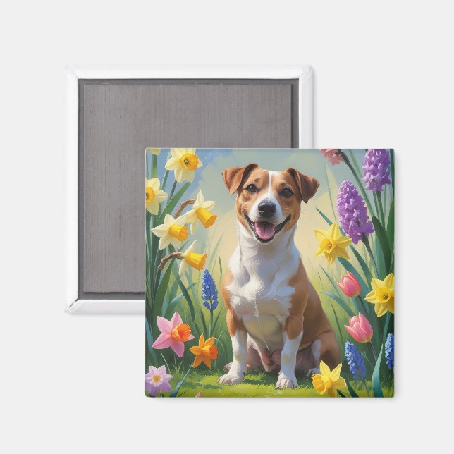 Jack Russell Hund Vårblommor Målning Magnet (Front/Back)