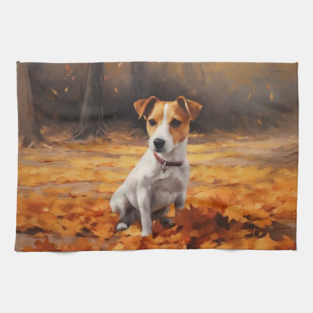 Jack Russell i höstlöv faller inspirerar Kökshandduk (Horisontell)