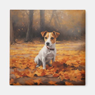 Jack Russell i höstlöv faller inspirerar Magnet