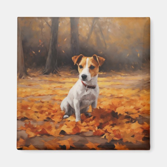 Jack Russell i höstlöv faller inspirerar Magnet (Framsidan)