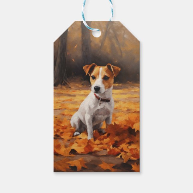 Jack Russell i höstlöv faller inspirerar Presentetikett (Framsidan)
