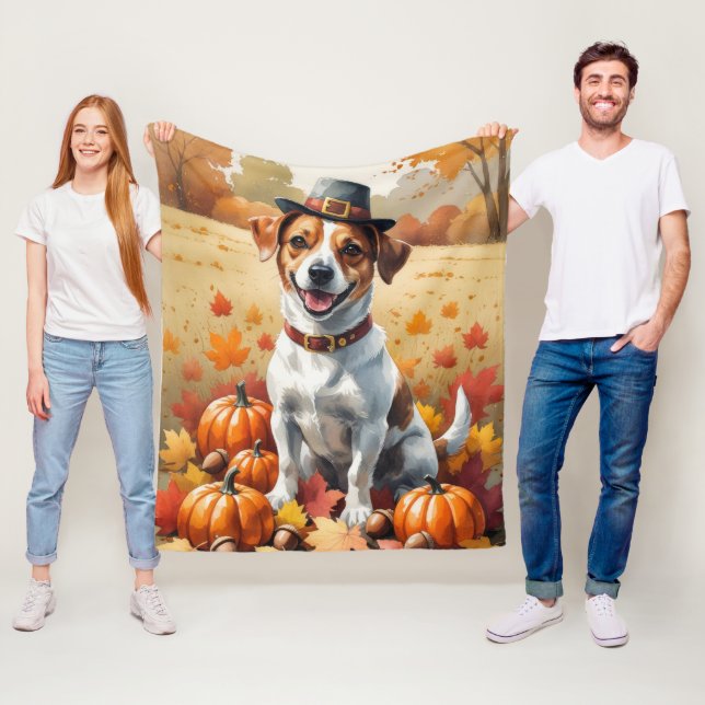 Jack Russell i höstlöv Thanksgiving konst Fleecefilt (På plats)