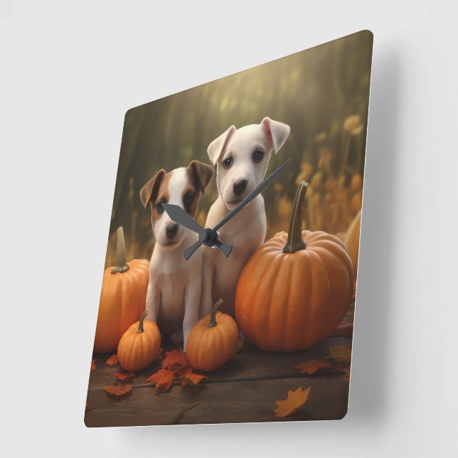 Jack Russell Puppy Autumn Delight Pumpkin Fyrkantig Klocka (Vinkel)