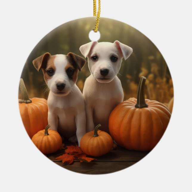 Jack Russell Puppy Autumn Delight Pumpkin Julgransprydnad Keramik (Framsidan)