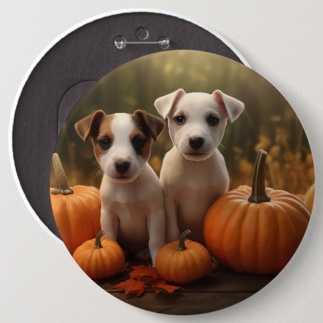 Jack Russell Puppy Autumn Delight Pumpkin Knapp (Framsida & baksida)
