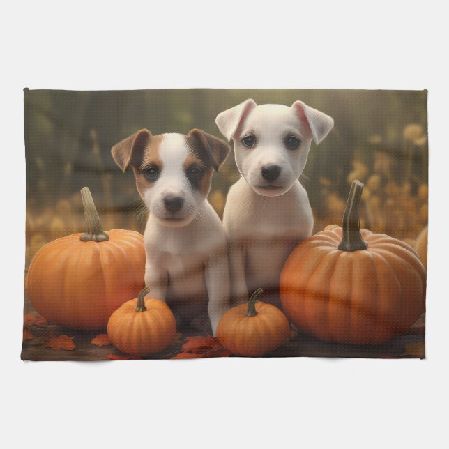 Jack Russell Puppy Autumn Delight Pumpkin Kökshandduk (Horisontell)