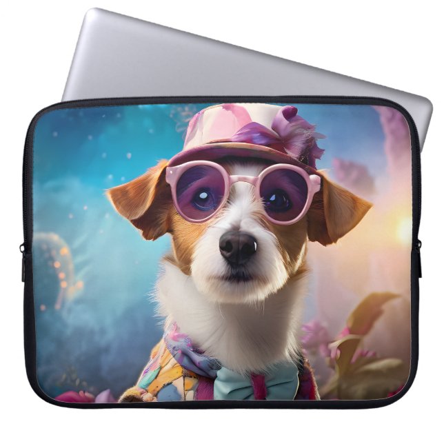 Jack Russell, Rosa glasögon och rosa hat Laptop Fodral (Framsidan)